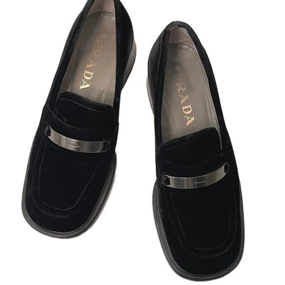 Prada Vintage Black Velvet Chunky Loafers with Metal Logo Size 36.5 US Size 6.5 - Picture 3 of 11